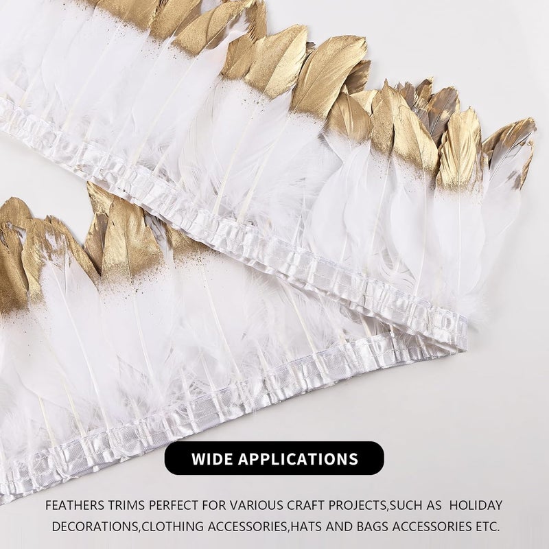 MAOFENG 2 Yards Natural Goose Feathers Trim Sewing Fringe Fashion Dress Sewing 6-8inch for DIY Handicrafts Costumes Decoration,White Golden - Image 4